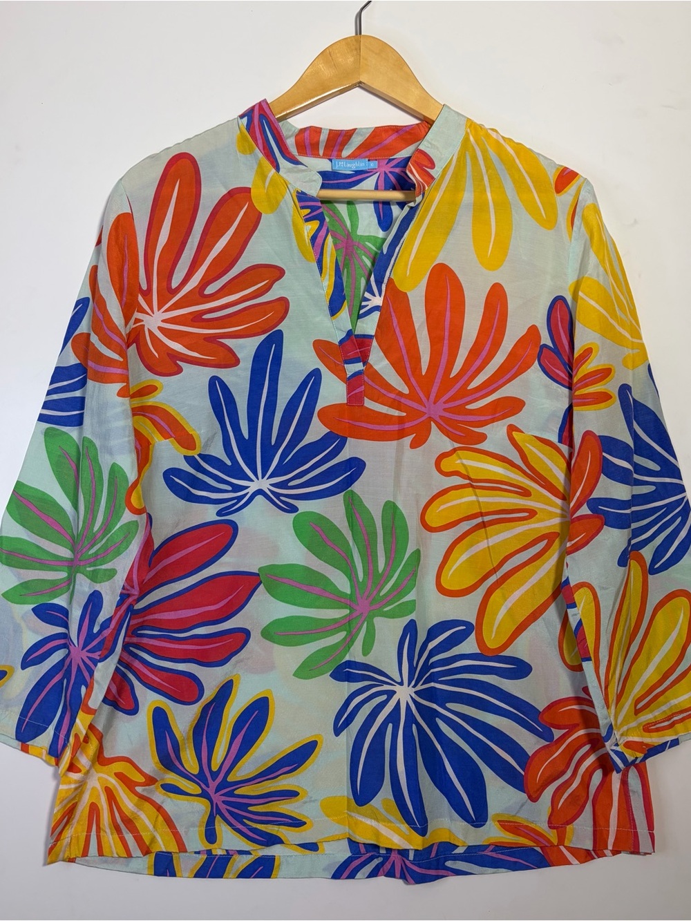 J. McLaughlin Silk Cotton Tunic Top Size 10 Multicolor Tropical Leaf Resort Boho